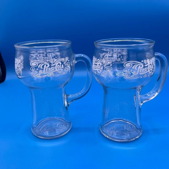 Vintage Lot of 2 Pepsi Cola Mug Glasses Embossed Bottom Design Handle - Picture 2 of 7